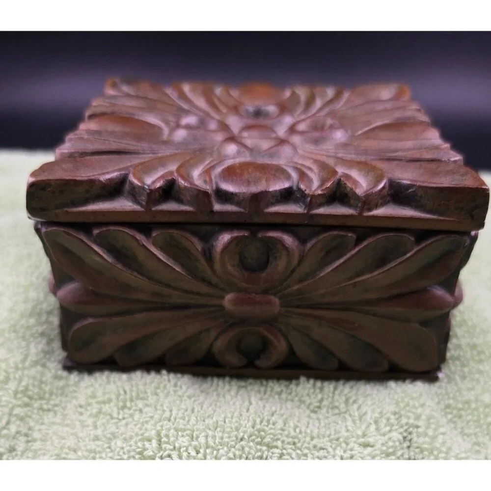Jewelry Trinket Box With Floral Design Brown Finish 4 x 4